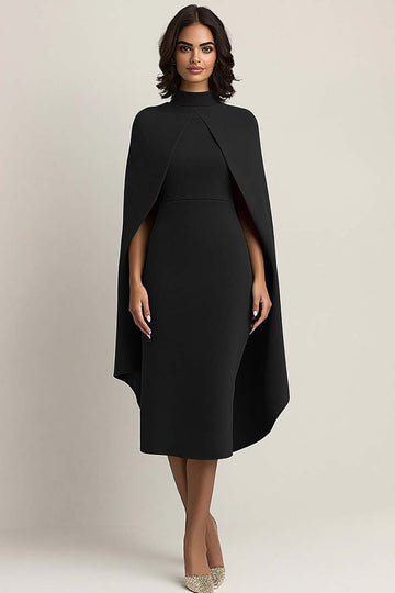 Black Sheath High Neck Midi Cape Formal Dress